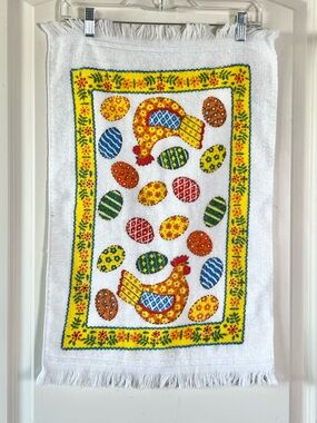 Vtg 70s Cannon Mills Terry Kitchen Towel Retro Chicken Floral Eggs Fringe